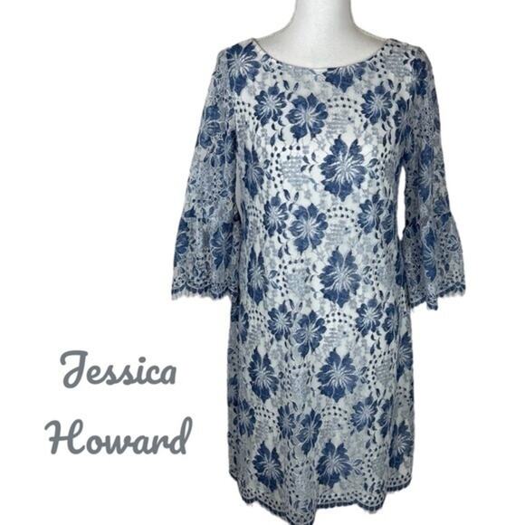 Jessica Howard Blue White Embroidered Lace Dress Size 6 - Picture 2 of 13